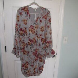 Grey Floral Print Gauze Elastic Waist Dress size XXL